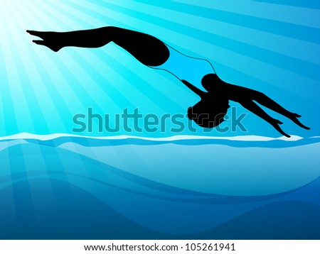 Girl swimmer trying back up flip while diving in swimming pool on beautiful water background. EPS 10.