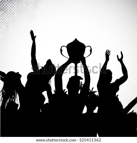 Silhouettes of winners team players with trophy and celebrating sports or business victory. EPS 10.