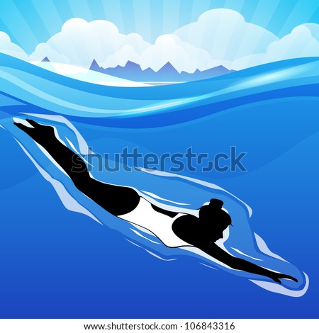 Young girl doing wonderful synchronized swimming in pool with abstract wave in water background,EPS 10.
