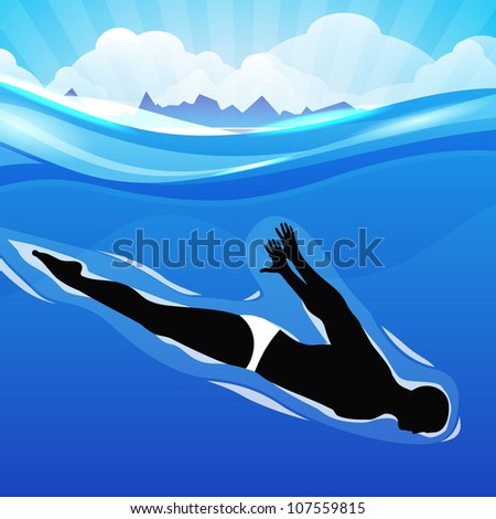 Young girl doing wonderful synchronized swimming in pool with abstract rays design in water background,EPS 10.