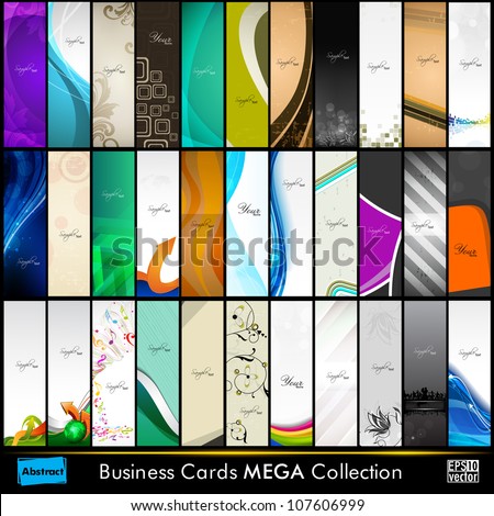 Mega collection of 33 abstract professional and designer slim business cards or visiting cards on different topic arrange in vertical EPS 10. Mega collection of 33 abstract professional and designer slim business cards or visiting cards on different topic arrange in vertical EPS 10.