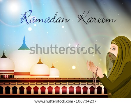 Muslim women in hijab reading Namaj on Mosque or Masjid background with moon EPS 10. Muslim women in hijab reading Namaj on Mosque or Masjid background with moon EPS 10.