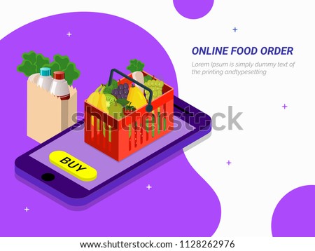 Order food, grocery online from app by smart phone. Fast delivery. Isometric vector of groceries, bucket, smart phone. Can be used for advertisement, infographic, game or mobile apps icon.