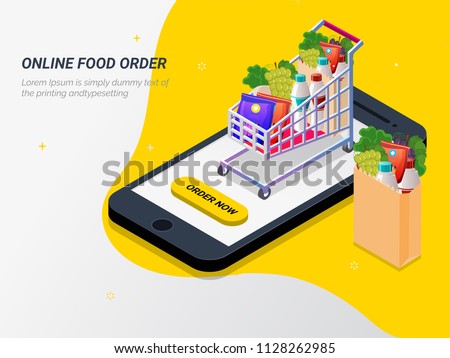 Order food, grocery online from app by smart phone. Fast delivery. Isometric vector of groceries, bucket, smart phone. Can be used for advertisement, infographic, game or mobile apps icon.