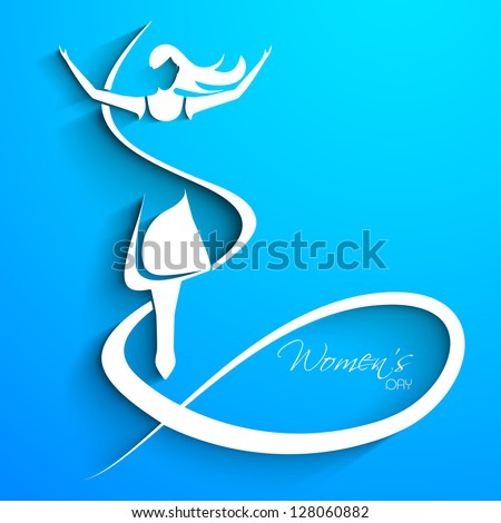 Happy Women's Day greeting card or background with sketch of a happy lady and text on blue. - stock vector