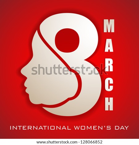Happy Women's Day greeting card or background with illustration of lady face and text 8 March on red background. - stock vector