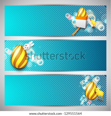 Website header or banner set  with painted eggs on blue background for Happy Easter.
