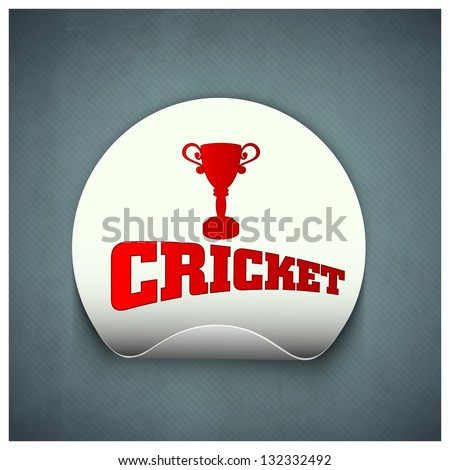 Cricket sports sticker or label with trophy and text cricket on grey background.