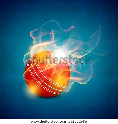 Shiny cricket ball in flame on blue background.