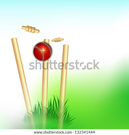 Sports background with wicket stumps and cricket ball.