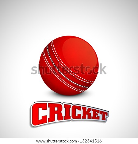 Shiny red leather ball with text cricket on grey background.