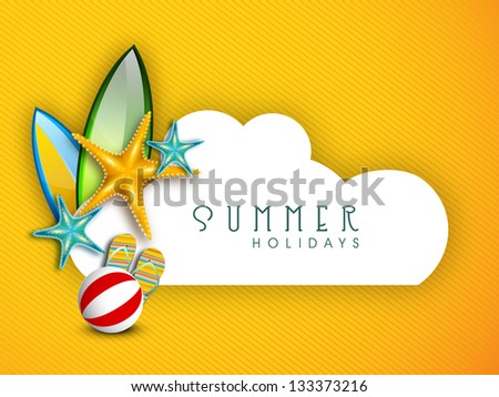 Summer Holidays Background With Shiny Starfish, Flip Flops And Ball With Space For Your Message.