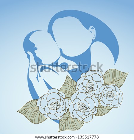 Happy Mothers Day background with sketch of Mother and her child with flowers on blue background.
