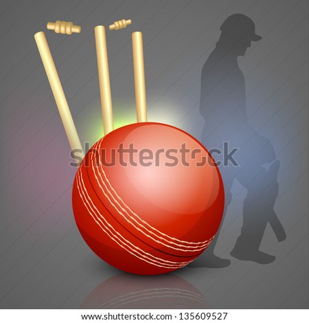 Cricket background with Cricket ball on stumps and silhouette of a out batsman.