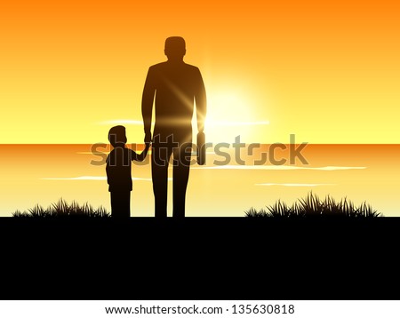 Happy Fathers Day background with silhouette of a father holding his child hand on evening background.