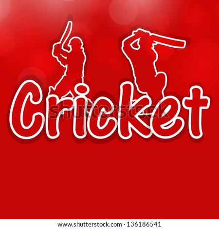 Sports concept with illustration of batsman and text Cricket on red background.