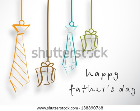 Banner, Flyer Or Poster Design, Hanging Neckties And Gift Boxes With Text Happy Fathers Day On Grey Background.