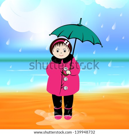 Rainy season background with cute little girl holding umbrella.