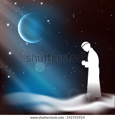 Muslim man in traditional outfits praying (reading Namaz, Islamic Prayer) on shiny moon and stars night background.