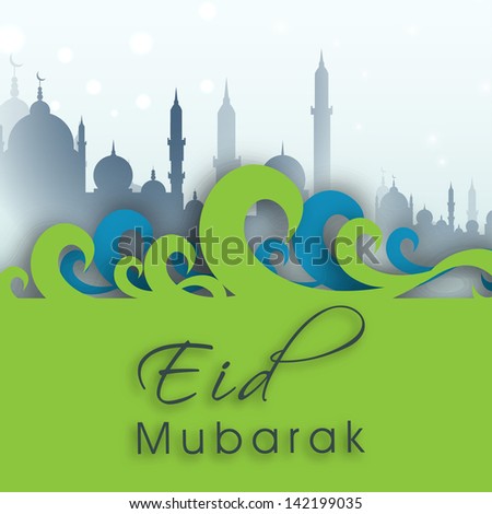 Muslim community festival Eid Mubarak with view of mosque Muslim community festival Eid Mubarak with view of mosque