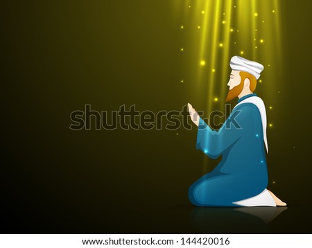 Illustration of a Muslim man in traditional outfits praying (Namaz, Islamic Prayer) on shiny abstract background.