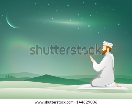 Muslim young mans in traditional dress praying (Namaz, Islamic Prayer) in shiny moonlight night background.