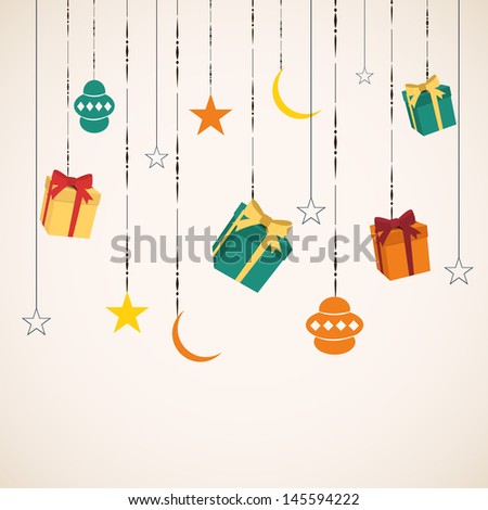 Muslim community festival Eid Mubarak background with hanging gift boxes stars and moon Muslim community festival Eid Mubarak background with hanging gift boxes stars and moon