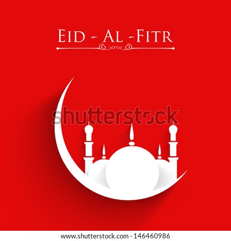 Muslim community festival Eid Al Fitr Eid Mubarak concept with mosque and moon design on red background Muslim community festival Eid Al Fitr Eid Mubarak concept with mosque and moon design on red background