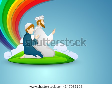 Muslim peoples in traditional dress praying (namaz, Islamic prayer) with on abstract blue background.
