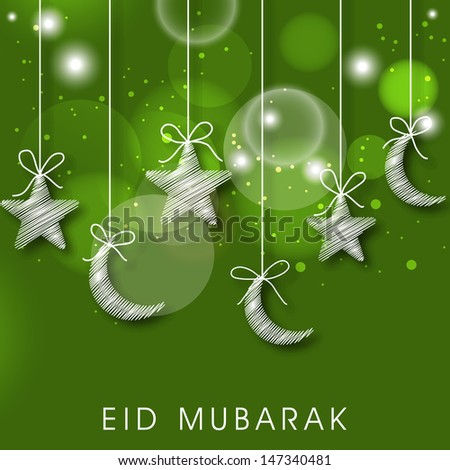 Muslim community festival Eid Mubarak concept with shiny stars and moons on abstract green background Muslim community festival Eid Mubarak concept with shiny stars and moons on abstract green background