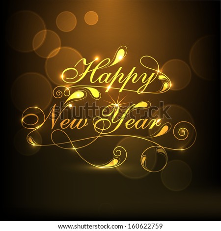 Happy New Year 2014 Celebration Concept With Stylize Golden Text On Brown Background.