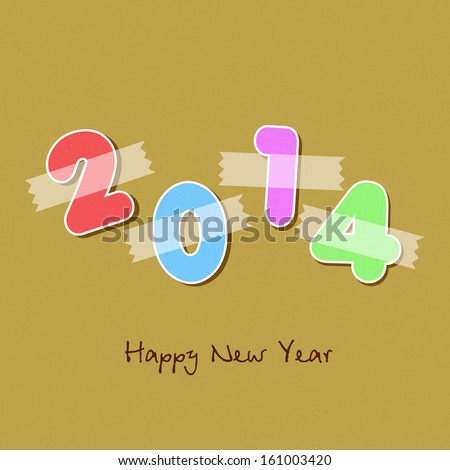 Happy New Year 2014 celebration concept with colorful glossy text on brown background, can be use as flyer, banner or poster.