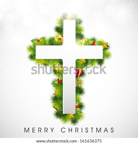Merry Christmas celebration concept with white Christmas Cross on decorative grey background.