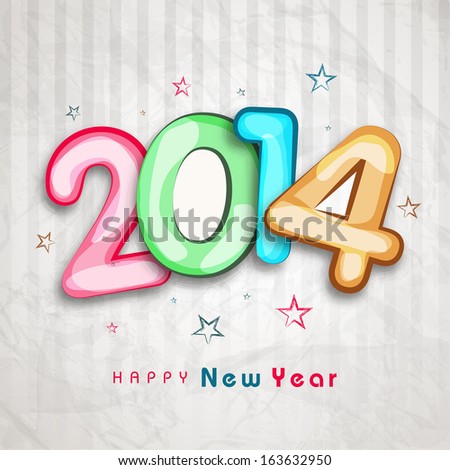 Happy New Year 2014 celebration flyer, banner, poster or invitation with colorful glossy text on vintage grey background.