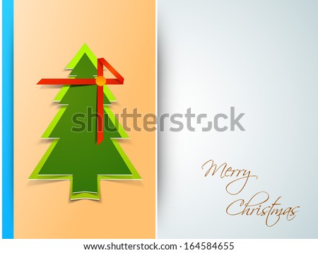 Merry Christmas celebration greeting card or invitation card with Xmas tree wrapped in red ribbon and space for your message.