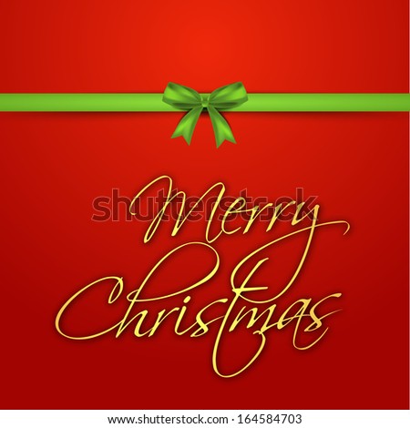 Merry Christmas celebration greeting card or invitation card with stylish golden text on bright red background with green ribbon.
