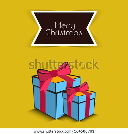 Merry Christmas celebration greeting card or invitation card with gift boxes wrapped in red ribbon on yellow background.