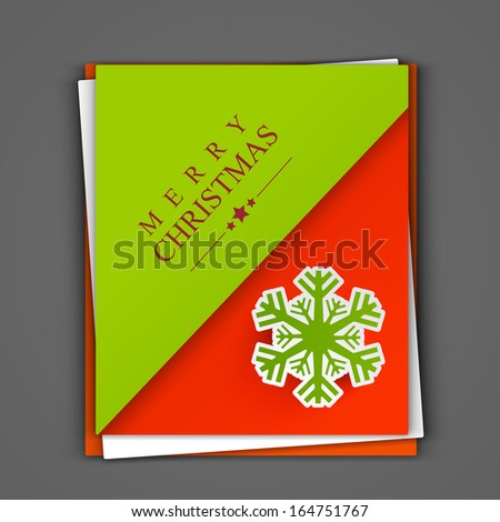 Creative Merry Christmas celebration greeting card or invitation card decorated with snowflakes in green and red color on grey  background.