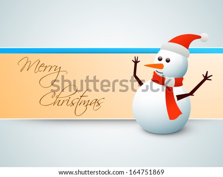 Creative Merry Christmas celebration greeting card or invitation card with happy snowman in Santa hat and scarf on orange and grey background.