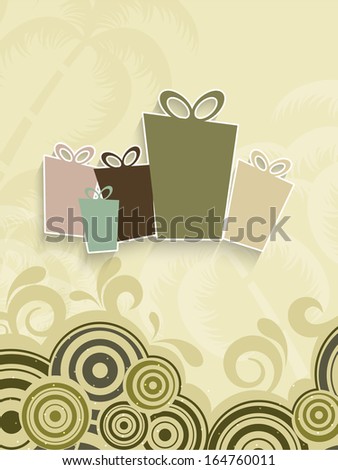 Merry Christmas celebration flyer, banner or poster with colorful gift boxes on creative decorated background.