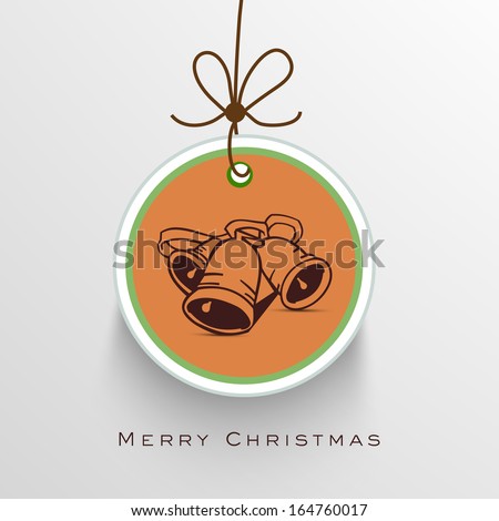 Merry Christmas celebration sticker, tag, or label decorated with jingle bell on grey background.