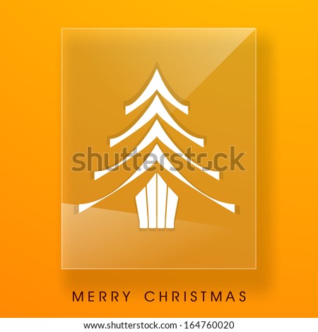Merry Christmas celebration concept with stylish Xmas tree on glass, bright yellow background.