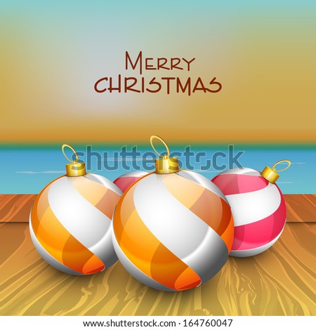 Merry Christmas celebration flyer, banner or poster with glossy decorated christmas balls on nature background.
