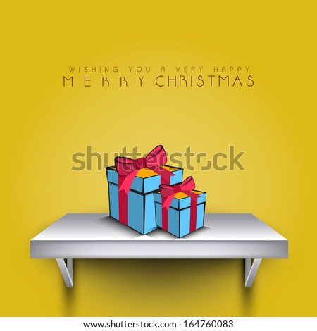 Merry Christmas celebration flyer, banner or poster with gift boxes wrapped in red ribbon on wooden stand.