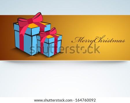 Merry Christmas celebration greeting card or invitation card with gift boxes wrapped in red ribbon on golden and grey background.
