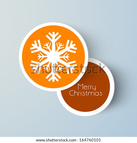 Merry Christmas celebration sticker, tag, or label with beautiful snowflakes on grey background.