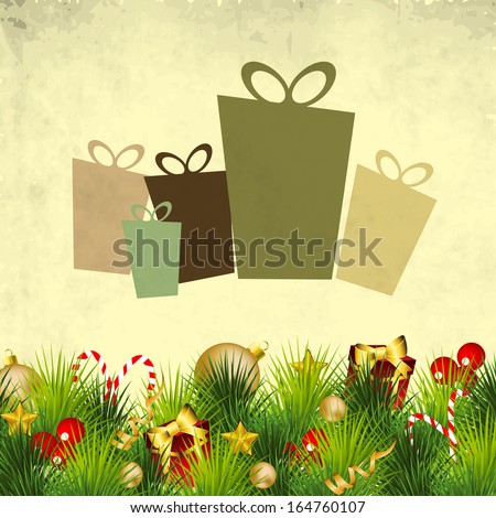 Merry Christmas celebration flyer, banner or poster with colorful gift boxes and Christmas ornaments on grungy brown background.