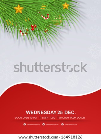 Merry Christmas celebration greeting card or invitation card decorated with fir trees and stars on red and grey background.