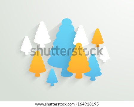 Merry Christmas celebration poster, banner, flyer or invitation with stylize colorful Xmas trees on grey background.
