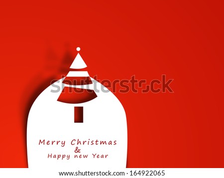 Merry Christmas celebration greeting card or invitation card with stylish Xmas tree on bright red background.